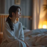 夜の寝室でベビーベッドのそばに静かに座る30代の女性のイメージ｜夜間断乳はいつから始めるかを考えるお母さんのシーン