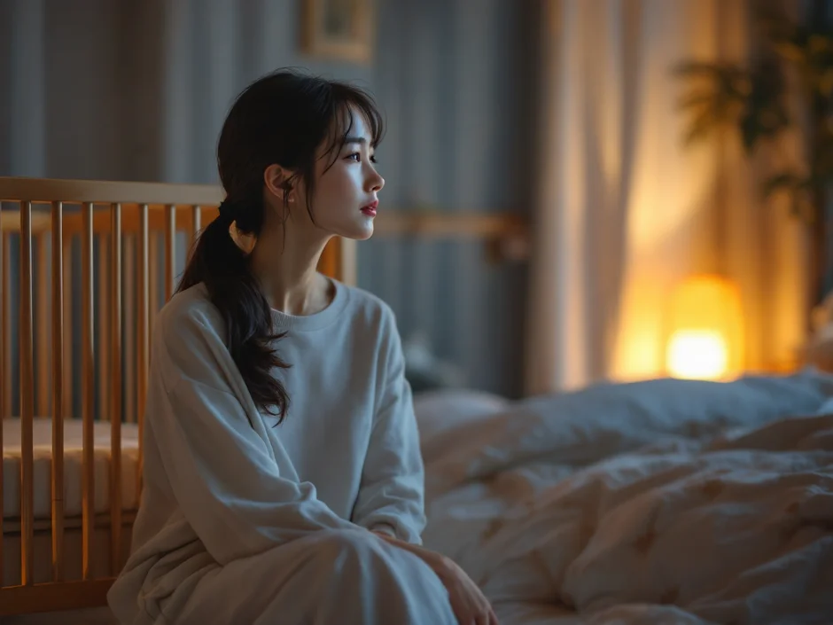 夜の寝室でベビーベッドのそばに静かに座る30代の女性のイメージ｜夜間断乳はいつから始めるかを考えるお母さんのシーン