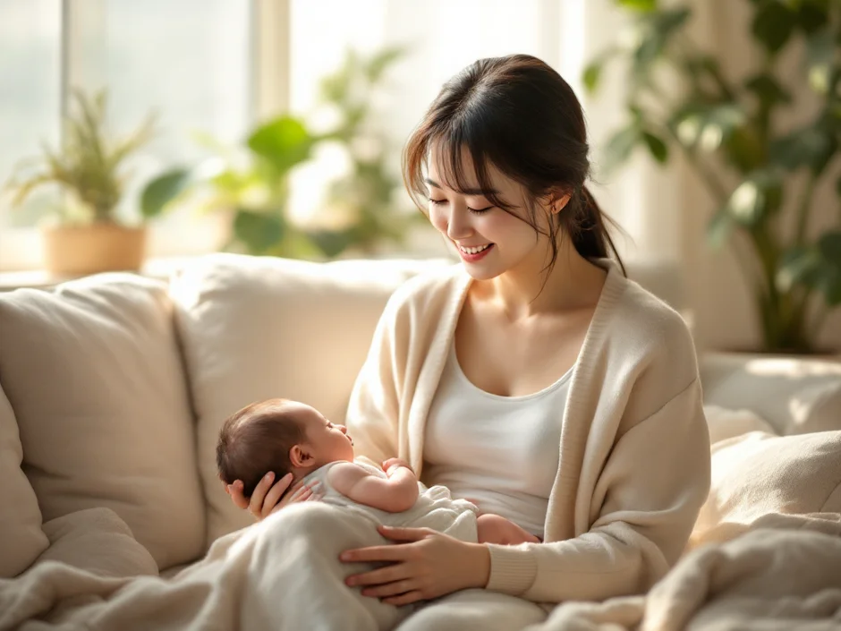 明るい部屋で赤ちゃんを微笑みながら見守る30代の女性のイメージ｜夜間断乳を乗り越えた先の安心感を表すシーン