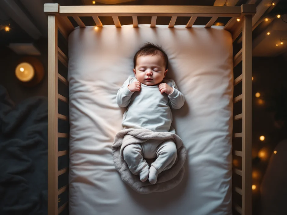 ベビーベッドで仰向けに安全に眠る赤ちゃんを俯瞰でとらえたイメージ｜SIDS予防のためのあおむけ寝と安全な睡眠環境のシーン