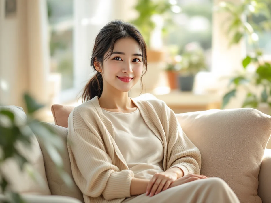 自宅の明るいリビングで穏やかに微笑む30代の女性のイメージ｜その時期は必ず終わるという安心感を表すシーン