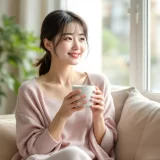 明るい窓辺のソファで両手にマグカップを持ち穏やかに過ごす女性のイメージ｜産後の生理再開を待つ時期を過ごすシーン