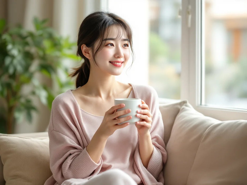 明るい窓辺のソファで両手にマグカップを持ち穏やかに過ごす女性のイメージ｜産後の生理再開を待つ時期を過ごすシーン