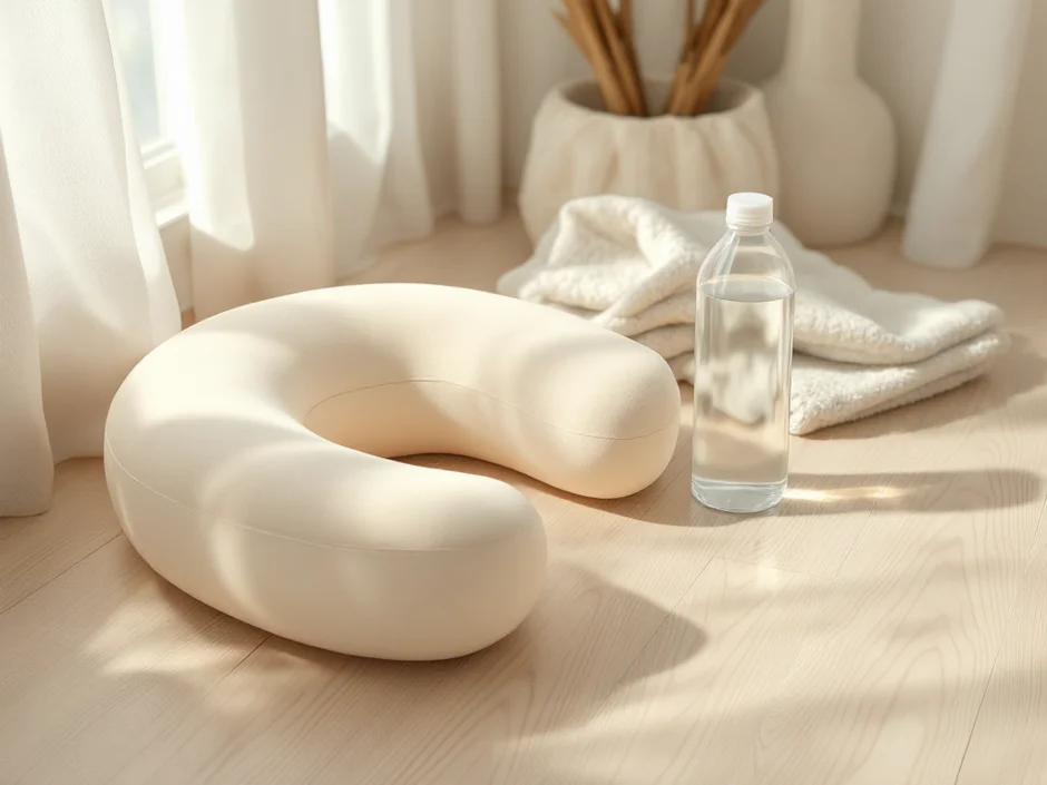床に置かれた授乳クッションとブランケットのイメージ｜産後の恥骨痛で姿勢を工夫することを表すシーン