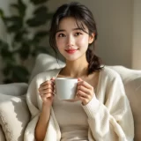 明るいリビングのソファで穏やかに休む30代女性のイメージ｜産褥期に体を労わりながら回復していく時期を表すシーン