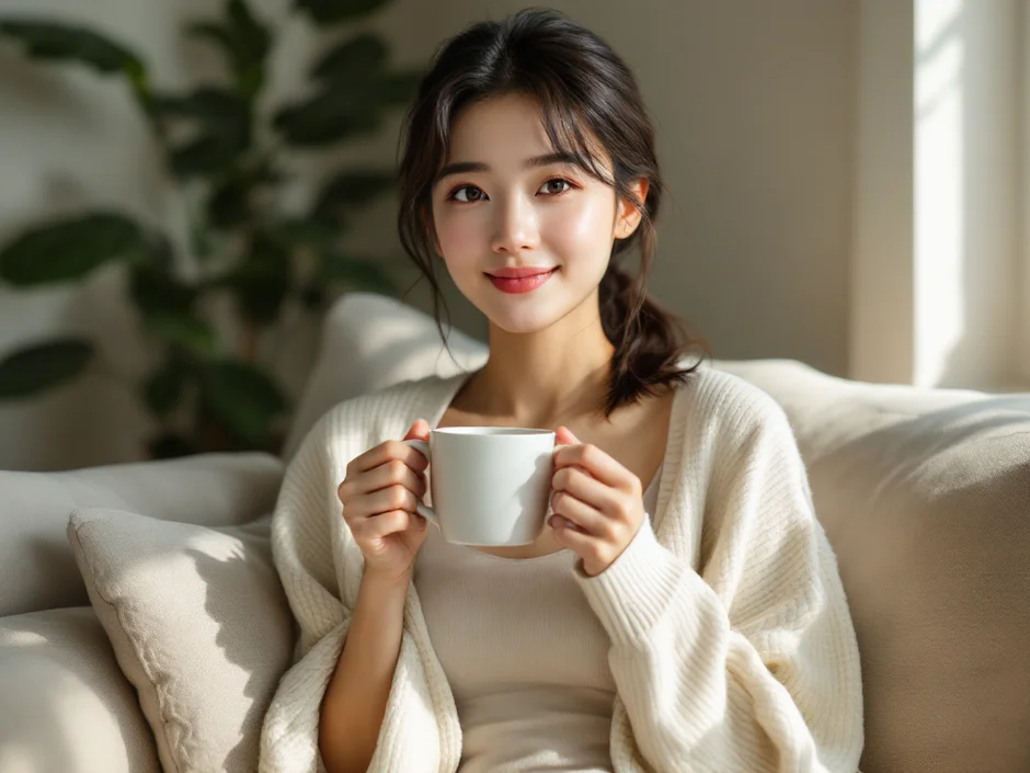 明るいリビングのソファで穏やかに休む30代女性のイメージ｜産褥期に体を労わりながら回復していく時期を表すシーン