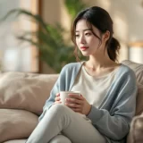 断乳のやり方を考えながら、明るいリビングで穏やかに前を見る30代の女性