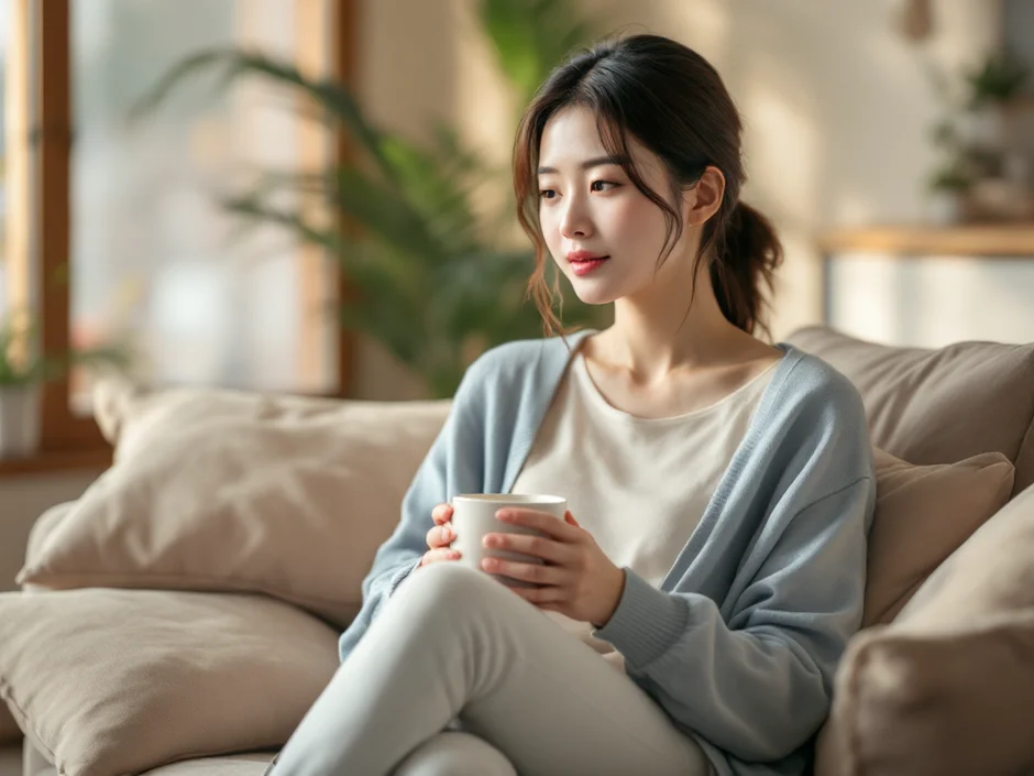 断乳のやり方を考えながら、明るいリビングで穏やかに前を見る30代の女性