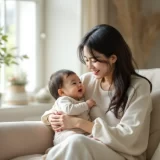 母乳・卒乳の時期に穏やかな表情で我が子を優しく抱く母親のシーン