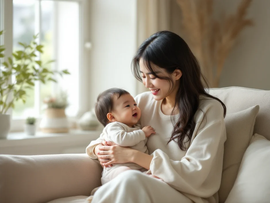 母乳・卒乳の時期に穏やかな表情で我が子を優しく抱く母親のシーン