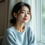 窓辺で出産準備の計画を考える女性のイメージ｜妊娠中に準備を進める時間を表すシーン