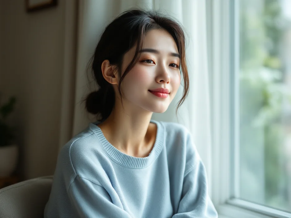 窓辺で出産準備の計画を考える女性のイメージ｜妊娠中に準備を進める時間を表すシーン