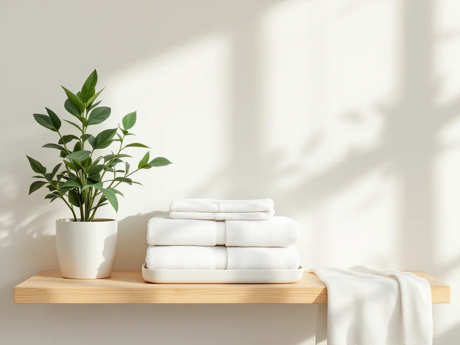 棚に置かれたタオルと観葉植物、白いトレイのイメージ|清潔に整えられた診察室を表すシーン