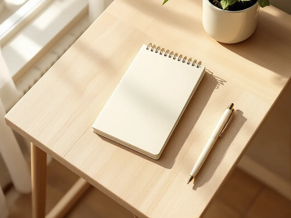 机に開いて置かれたメモ帳とペンのイメージ|健診で聞きたいことを書き出しておくことを表すシーン