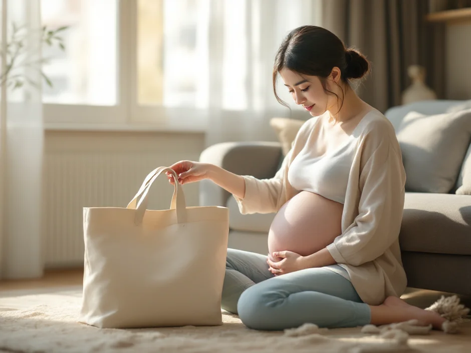 2つのバッグに分けて入院の荷物を準備する妊娠後期の女性のイメージ｜陣痛バッグと入院バッグの中身を考えるシーン