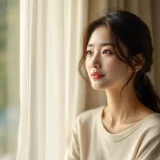 窓辺で穏やかな表情をした妊娠中の女性のイメージ｜戌の日の安産祈願を控えているシーン