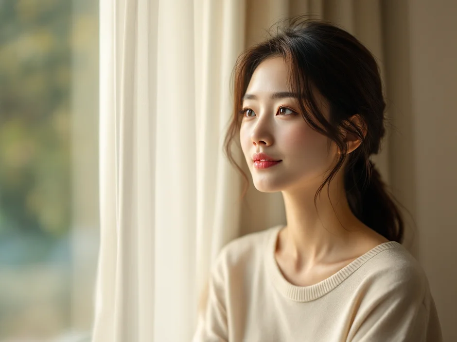 窓辺で穏やかな表情をした妊娠中の女性のイメージ｜戌の日の安産祈願を控えているシーン