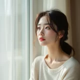 窓辺で穏やかな表情をした妊娠中の女性のイメージ｜産休の時期を考えるシーン
