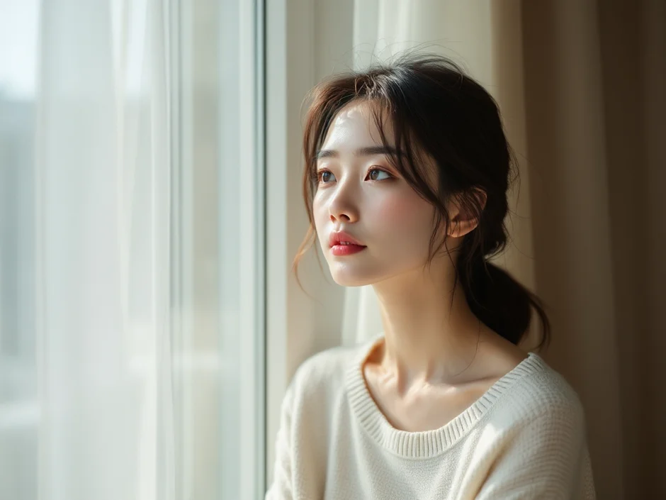 窓辺で穏やかな表情をした妊娠中の女性のイメージ｜産休の時期を考えるシーン