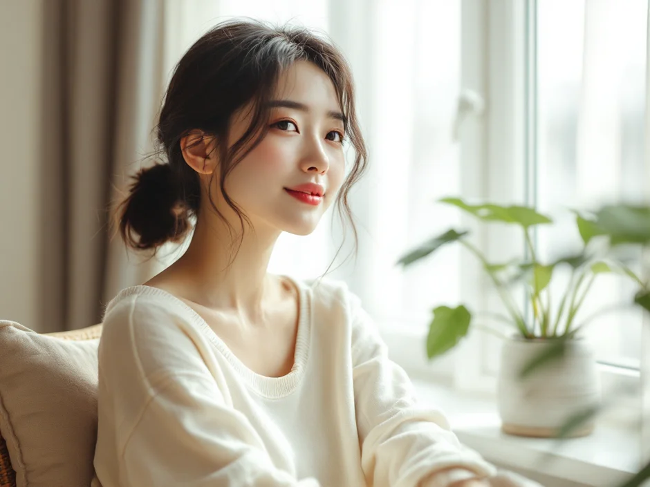 窓辺で穏やかな表情をした産後の女性のイメージ｜出産準備を落ち着いて考えるシーン