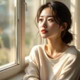 窓辺で穏やかな表情をした女性のイメージ｜お宮参りの日取りを考えるシーン