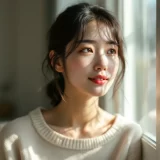 窓辺で穏やかな表情をした女性のイメージ｜産後パパ育休の日程を夫婦で考えるシーン