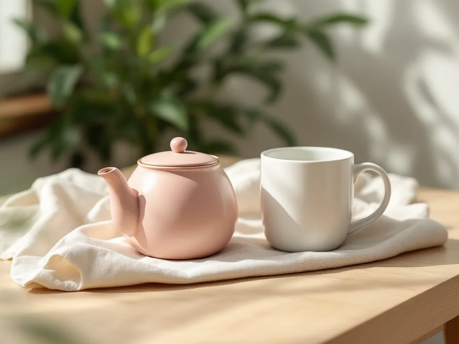 窓辺のテーブルに置かれたマグカップとティーポットのイメージ｜妊娠中のカフェインとの付き合い方