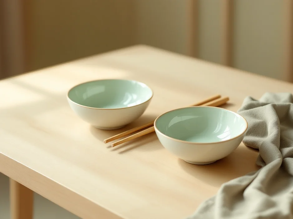 和食器と箸を並べたテーブルのイメージ|妊娠中の外食でメニューを選ぶシーン