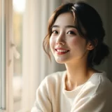 朝の光が差す窓辺で微笑む女性のイメージ｜赤ちゃんの寝かしつけを考えるシーン