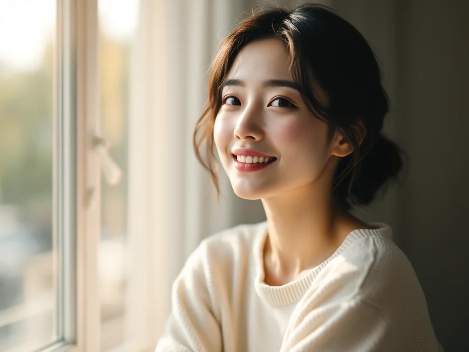 朝の光が差す窓辺で微笑む女性のイメージ｜赤ちゃんの寝かしつけを考えるシーン