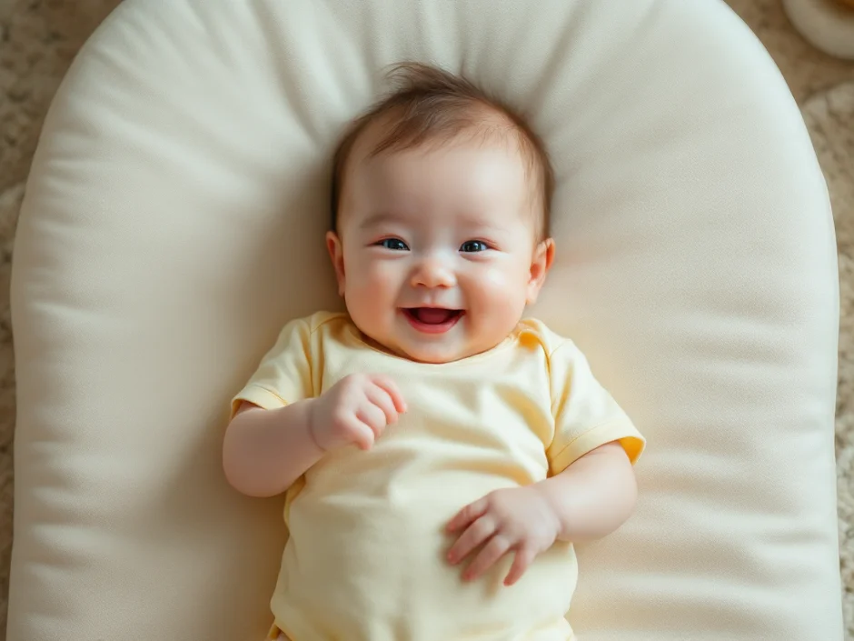 プレイマットの上であおむけで足を動かす赤ちゃんのイメージ｜赤ちゃんのおなかの調子を見守るシーン