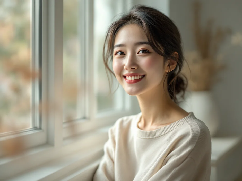 窓辺で穏やかな表情をした女性のイメージ｜赤ちゃんのうんちの悩みに向き合うシーン