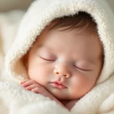 お風呂上がりにタオルにくるまれて眠る赤ちゃんのイメージ｜乳児湿疹のスキンケアのシーン