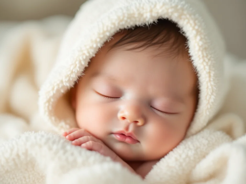 お風呂上がりにタオルにくるまれて眠る赤ちゃんのイメージ｜乳児湿疹のスキンケアのシーン