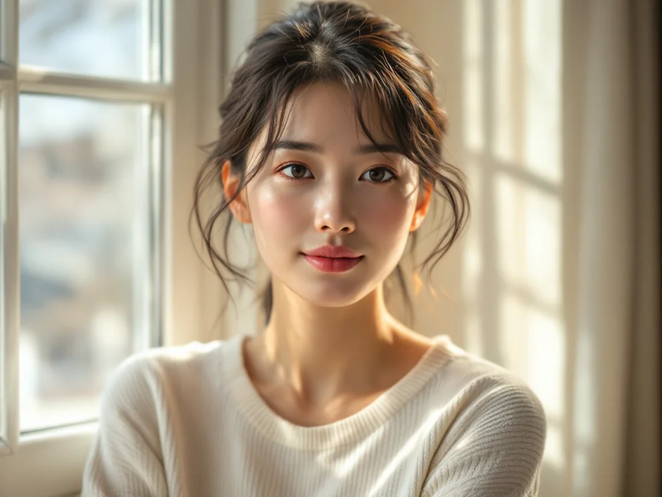 窓辺で穏やかな表情をした女性のイメージ｜赤ちゃんの肌のケアを考えるシーン