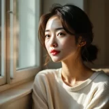窓辺で落ち着いた表情の女性のイメージ｜赤ちゃんの発熱に向き合うシーン