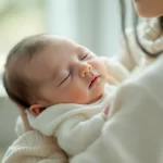 授乳後、肩に抱かれて落ち着いている新生児のイメージ｜赤ちゃんのしゃっくりを見守るシーン