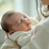 授乳後、肩に抱かれて落ち着いている新生児のイメージ｜赤ちゃんのしゃっくりを見守るシーン