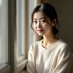 窓辺で穏やかに微笑む女性のイメージ｜赤ちゃんのしゃっくりを見守るシーン
