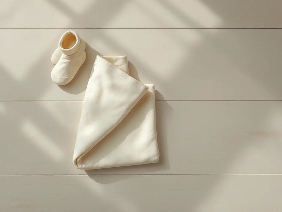 たたんだおくるみと小さな靴下のイメージ｜体を温めてしゃっくりを落ち着かせるシーン