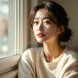 窓辺で穏やかな表情をした女性のイメージ｜赤ちゃんのミルクの量を考えるシーン