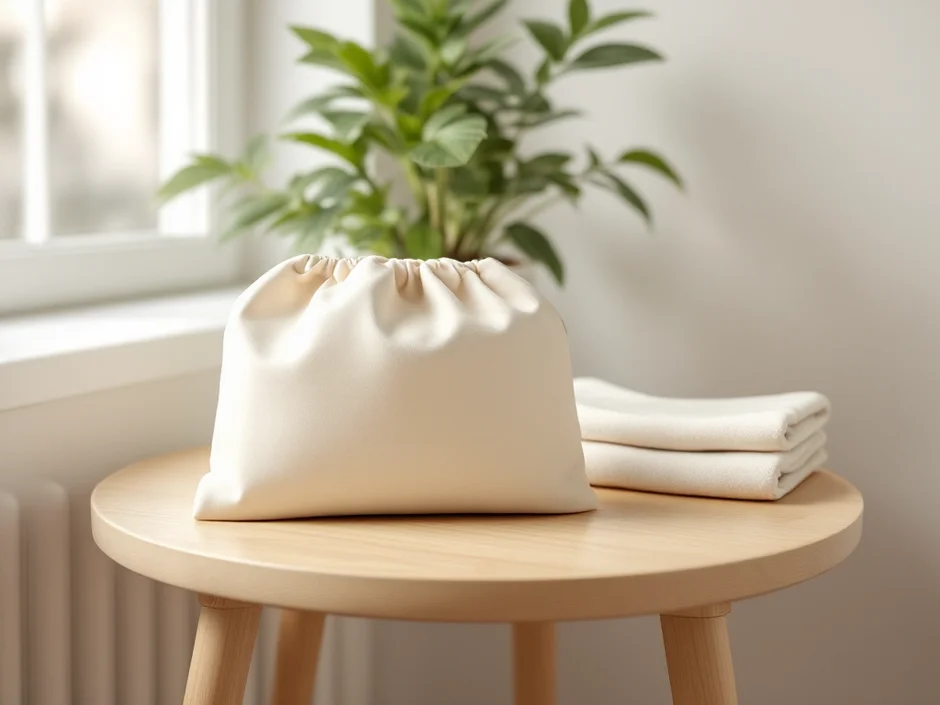 窓辺のテーブルに置かれた布ポーチと観葉植物のイメージ｜調乳の支度が整った落ち着いたシーン