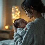 夜、ママの肩に抱かれてうとうとする赤ちゃんのイメージ｜夜泣きのあとに落ち着くシーン