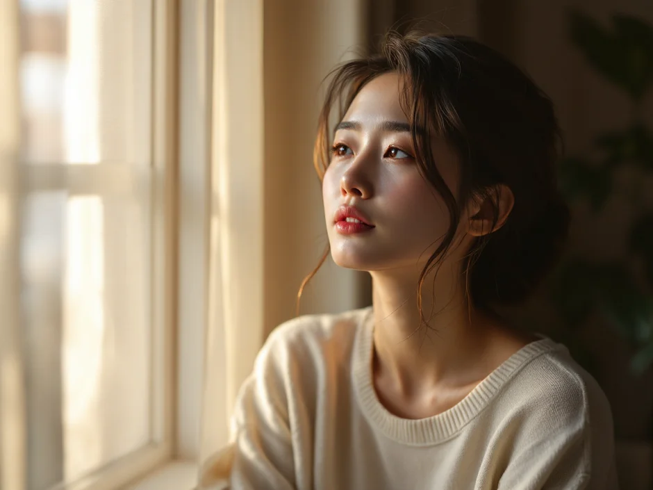 夜明けの窓辺でほっとした表情の女性のイメージ｜赤ちゃんの夜泣きに向き合うシーン