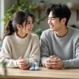 ブルーのベビー靴下を前に話し合う夫婦のイメージ｜男の子の産み分けを二人で考えるシーン