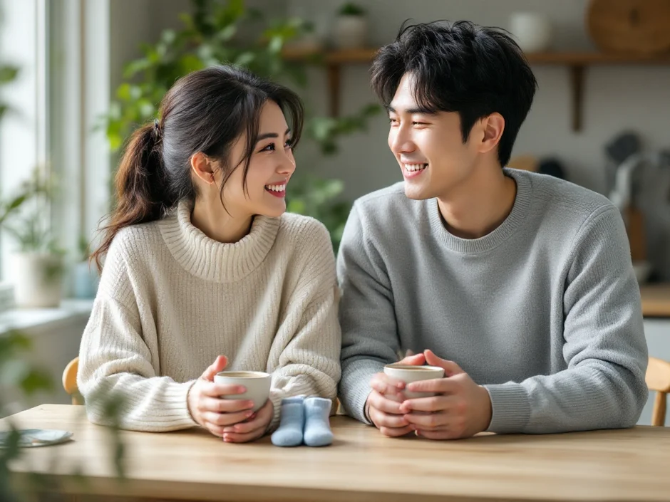 ブルーのベビー靴下を前に話し合う夫婦のイメージ｜男の子の産み分けを二人で考えるシーン