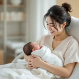 産院のベッドで生まれたばかりの赤ちゃんを抱くママのイメージ｜出産費用と出産育児一時金のシーン