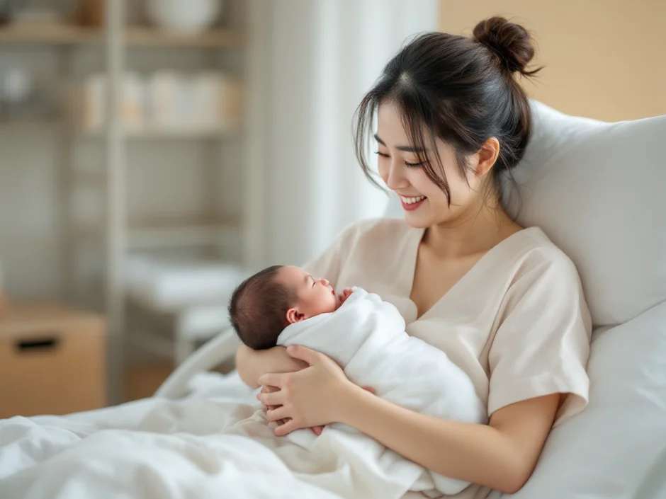 産院のベッドで生まれたばかりの赤ちゃんを抱くママのイメージ｜出産費用と出産育児一時金のシーン