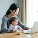 赤ちゃんをひざにのせてパソコンを見るママのイメージ｜育児休業給付金の金額を調べるシーン