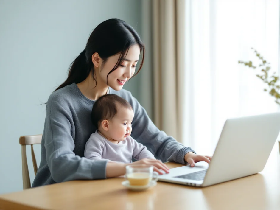 赤ちゃんをひざにのせてパソコンを見るママのイメージ｜育児休業給付金の金額を調べるシーン